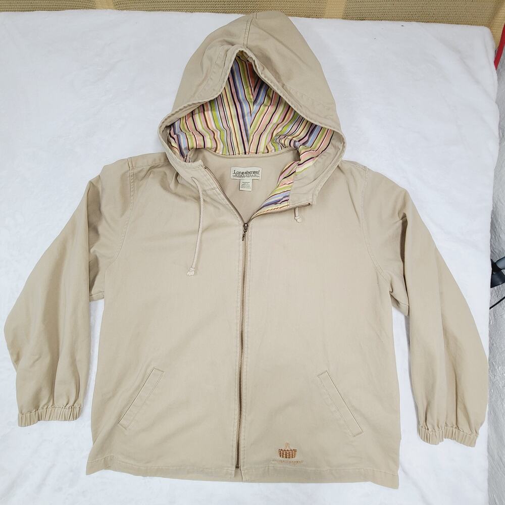 Longaberger Hooded Jacket XL Tan Zip Up Coat Striped Lining Casual Lightweight